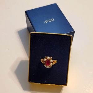 Vintage signed Avon red stone and faux pearl filigree gold toned Ring.